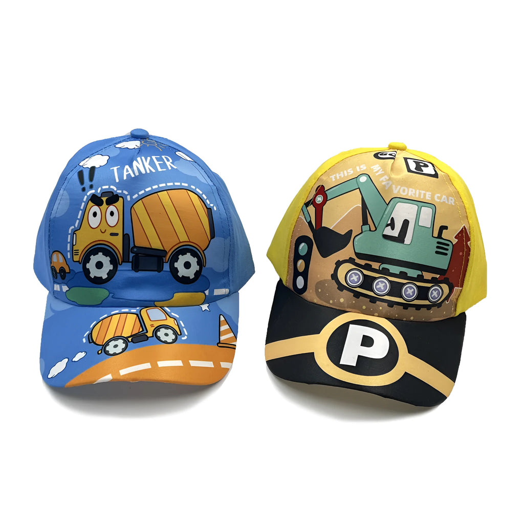Cartoon children's baseball cap with orange excavator print on a light blue background