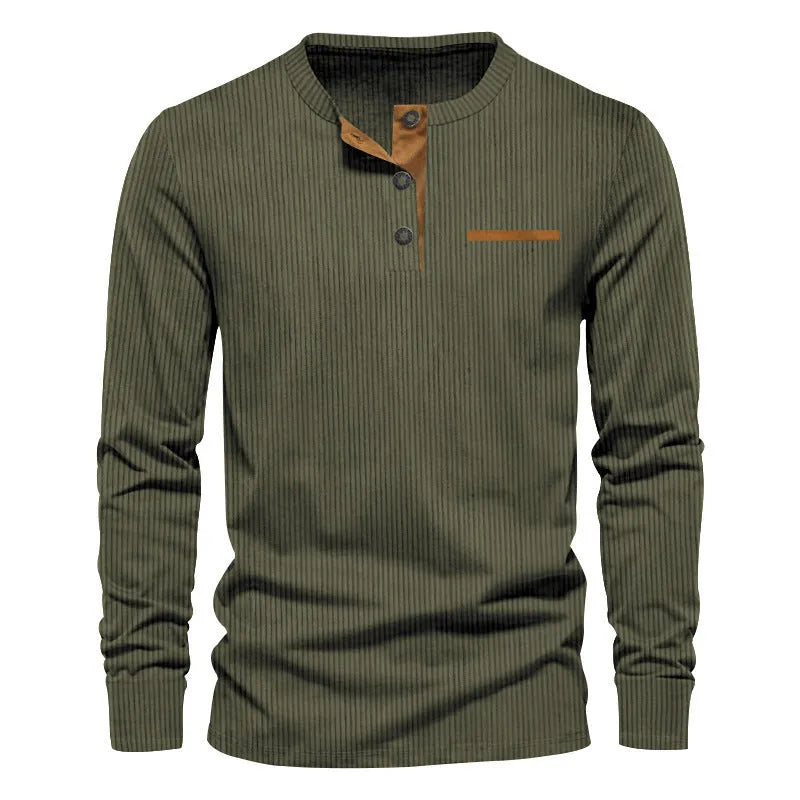 Men's slim fit corduroy henley long sleeve t-shirt in solid colour, available in multiple colours, front view