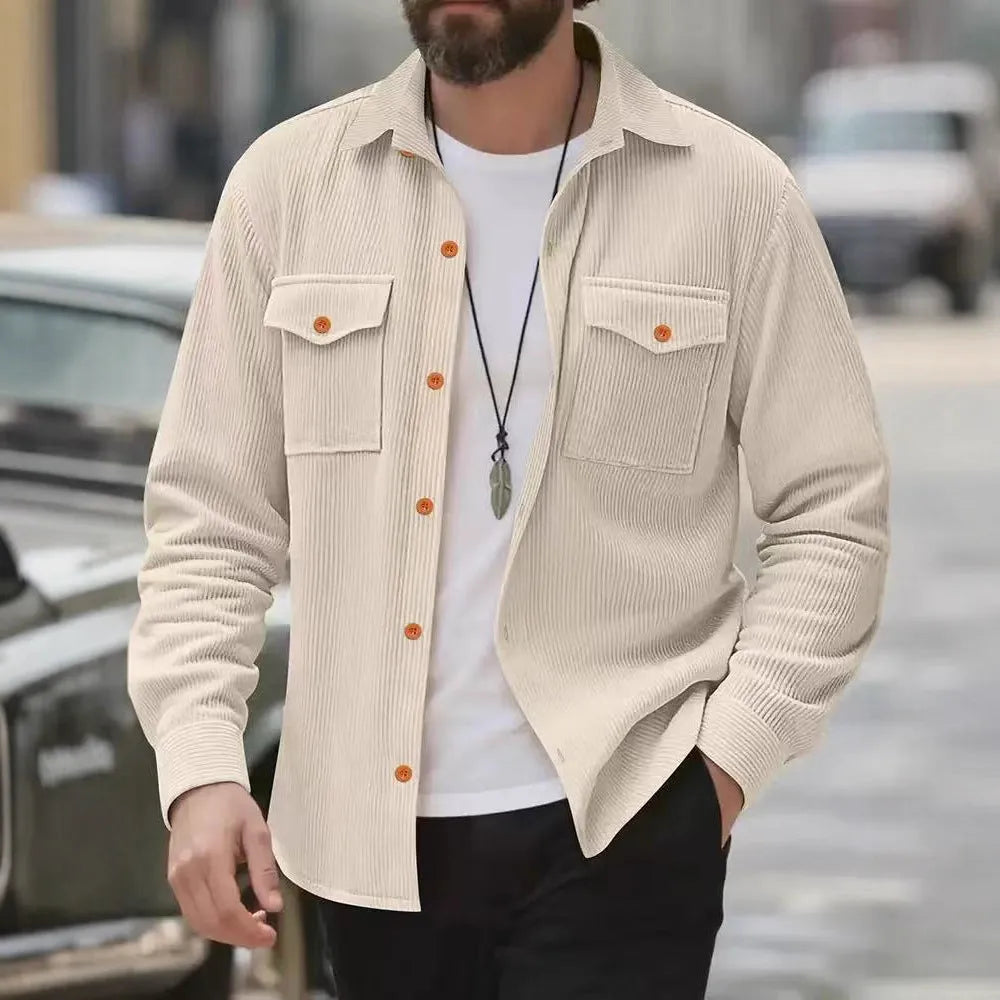 Men's solid-colour corduroy jacket in light gray, black, beige or army green, sizes S to XXXL, simple casual style