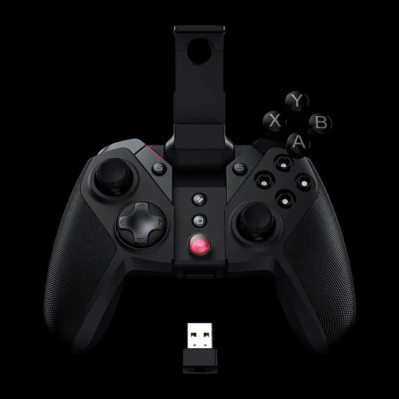 Black USB Type-C wired game controller for PC with vibration function on a grey surface.