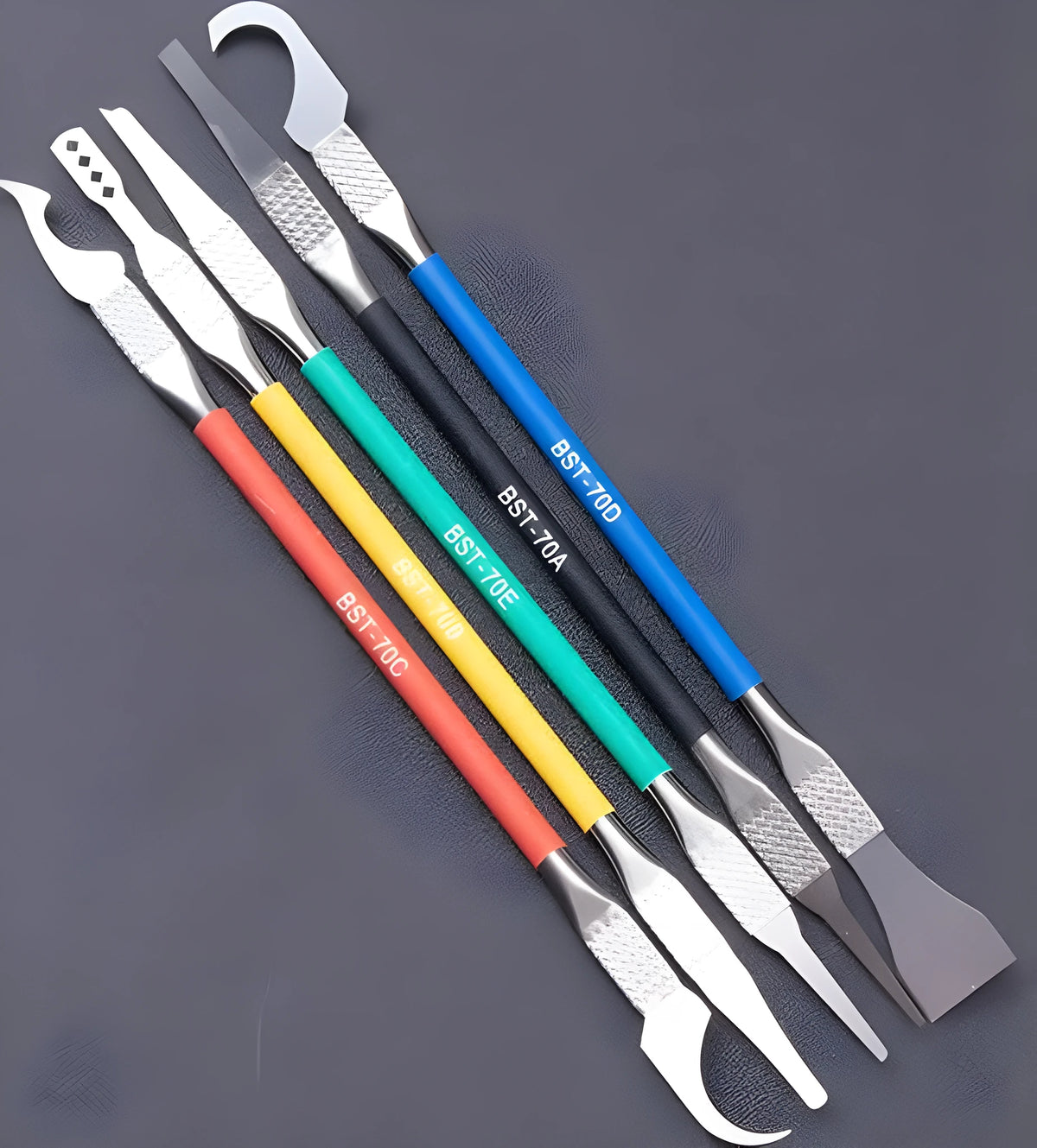 Five-piece stainless steel plastic disassembling tool set with 0.07mm blade thickness