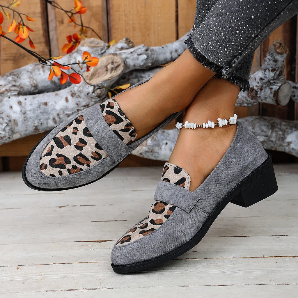 Leopard print suede slip-on shoes with chunky mid heel and pointed toe in brown, khaki, and pink