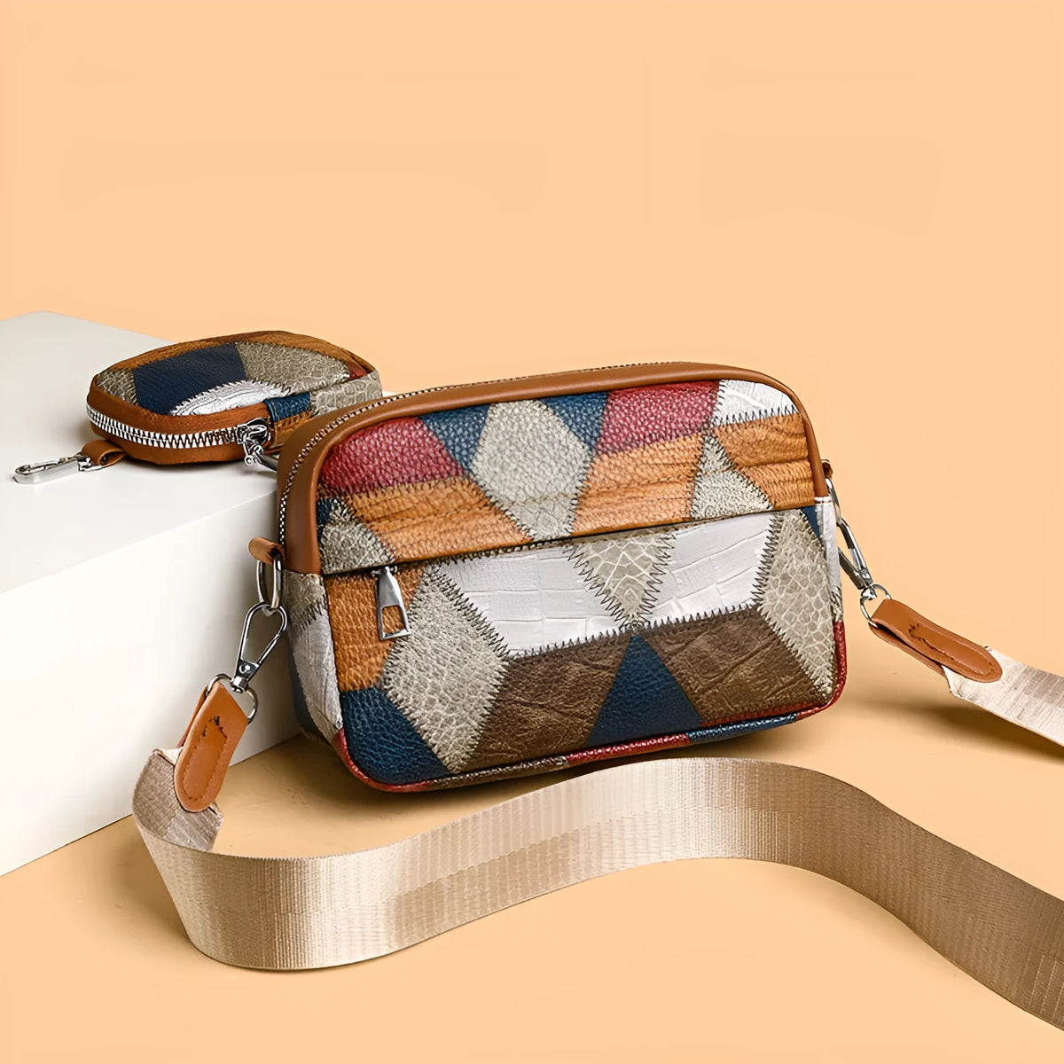 Small square crossbody bag with contrast stitching, PU outer, polyester lining, black or yellow colour matching.