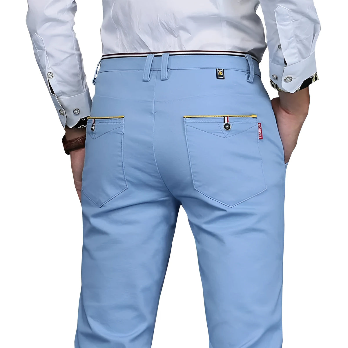 Men's cotton trousers in black, dark grey, khaki, royal blue, sky blue, and white, sizes 28 to 38.