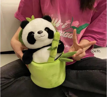 Simulated bamboo tube flower panda pillow plush toy 25cm PP cotton filling animal shape