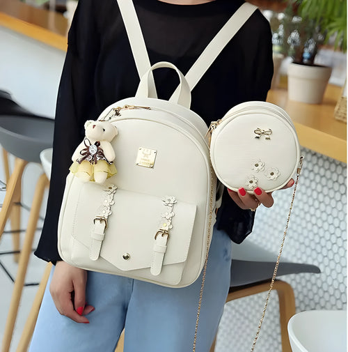 Floral three-piece bag set for women including backpack, shoulder bag and card bag in PU leather