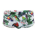 Men's blue swimming trunks with a colourful flowers and birds print, showing the boxer style and cup cover.
