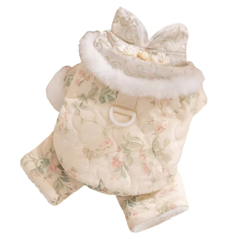 Thick cotton-padded 4-legged dog overalls with Chinese floral pattern faux fur collar and pearl-like buttons in blue