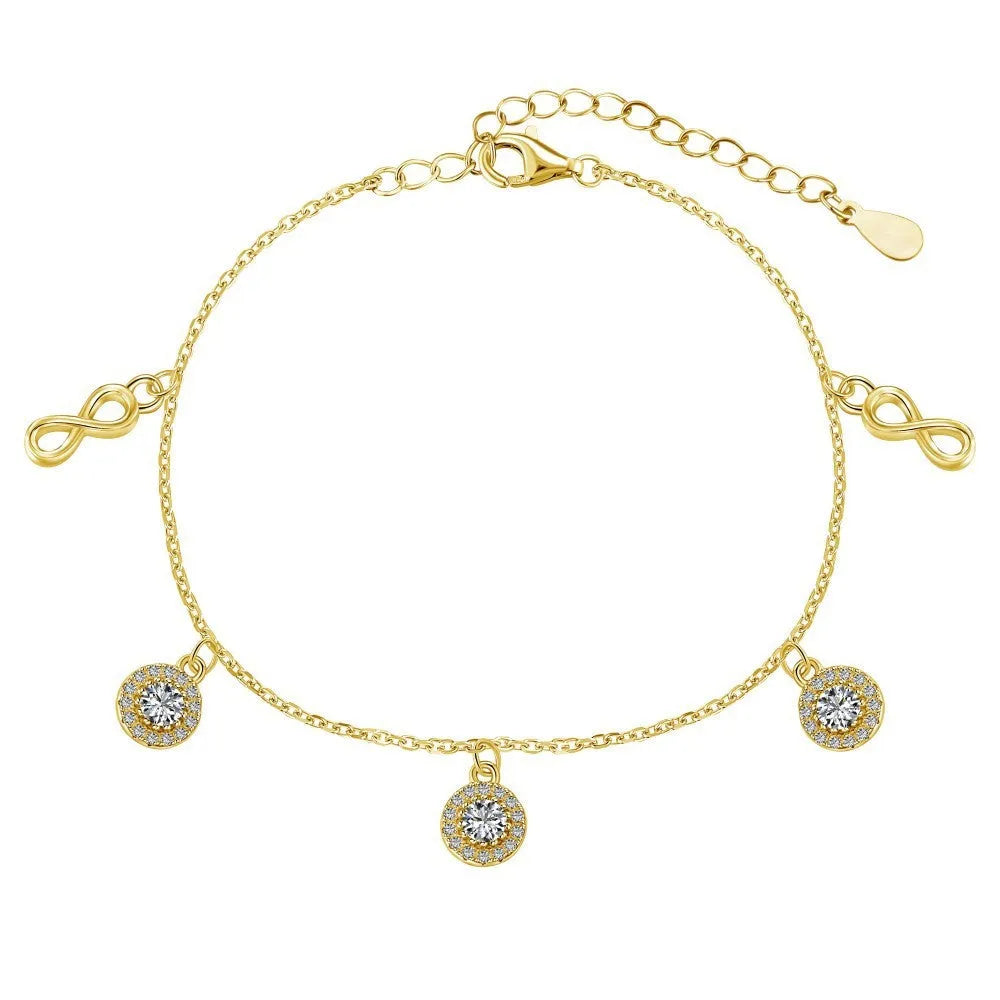 S925 sterling silver infinite symbol anklet with cubic zirconia in glossy finish gold colour