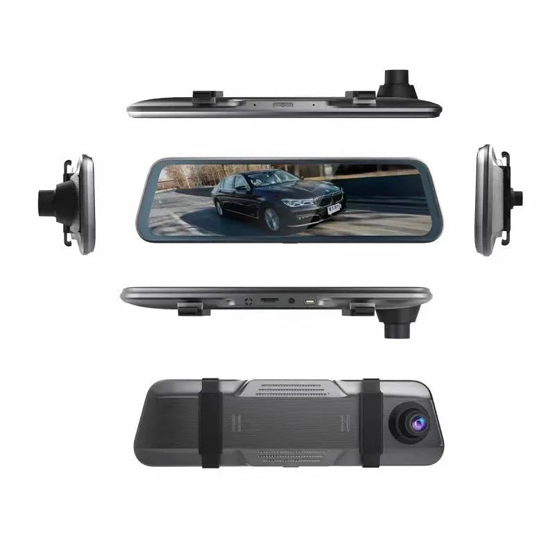 Black rearview mirror style driving recorder with large touch screen display mounted in a car