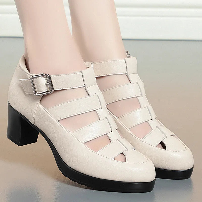 Women's closed toe woven sandals with chunky heel and ankle-strap buckle in beige colour