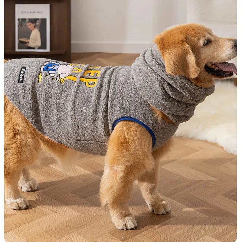 Beige Sherpa dog vest with bear pattern for large dogs on a grey background