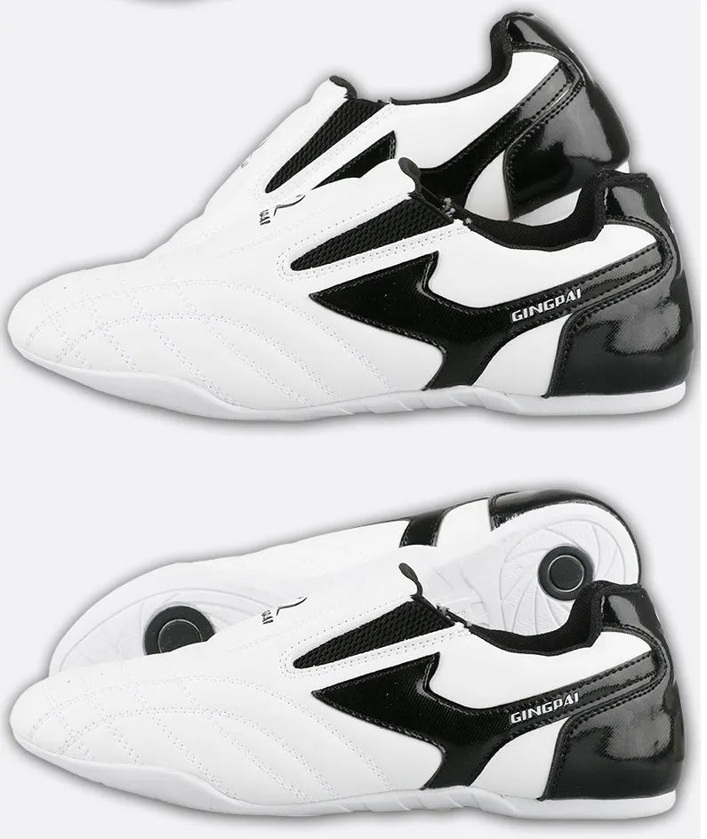 Black and white children's martial arts shoes with soft bottom and widened sole design