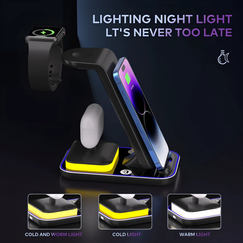 Black vertical wireless charger showing phone in stand with watch and earbuds charging areas