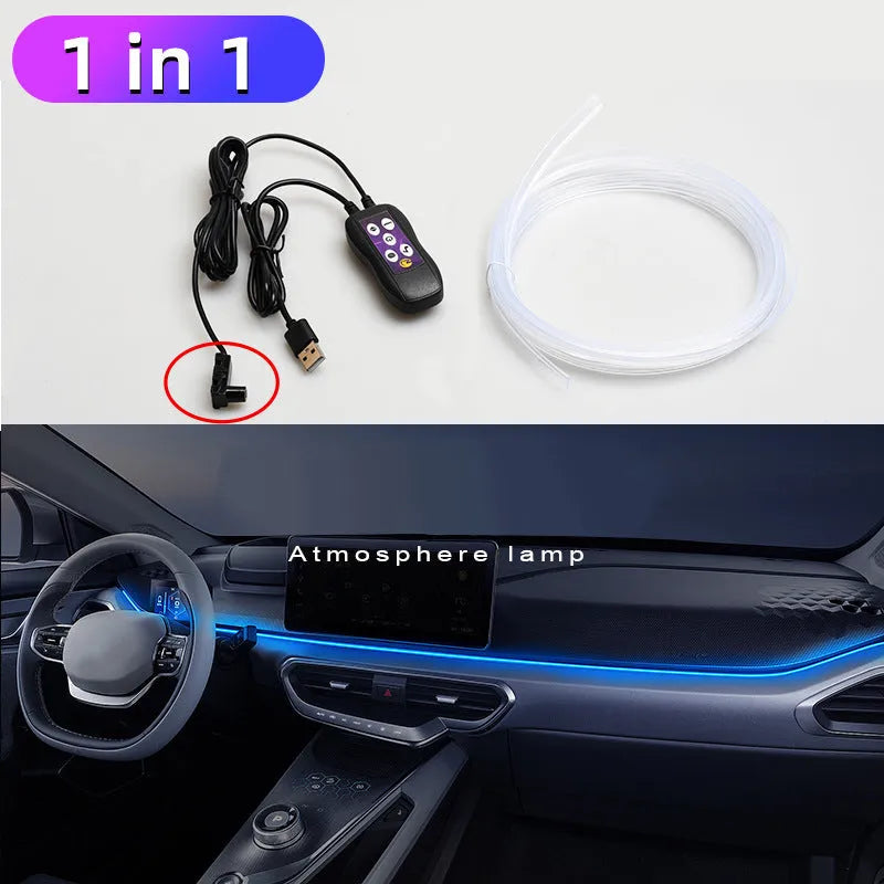 Car interior LED atmosphere light strips installed along dashboard and centre console with colour-changing illumination