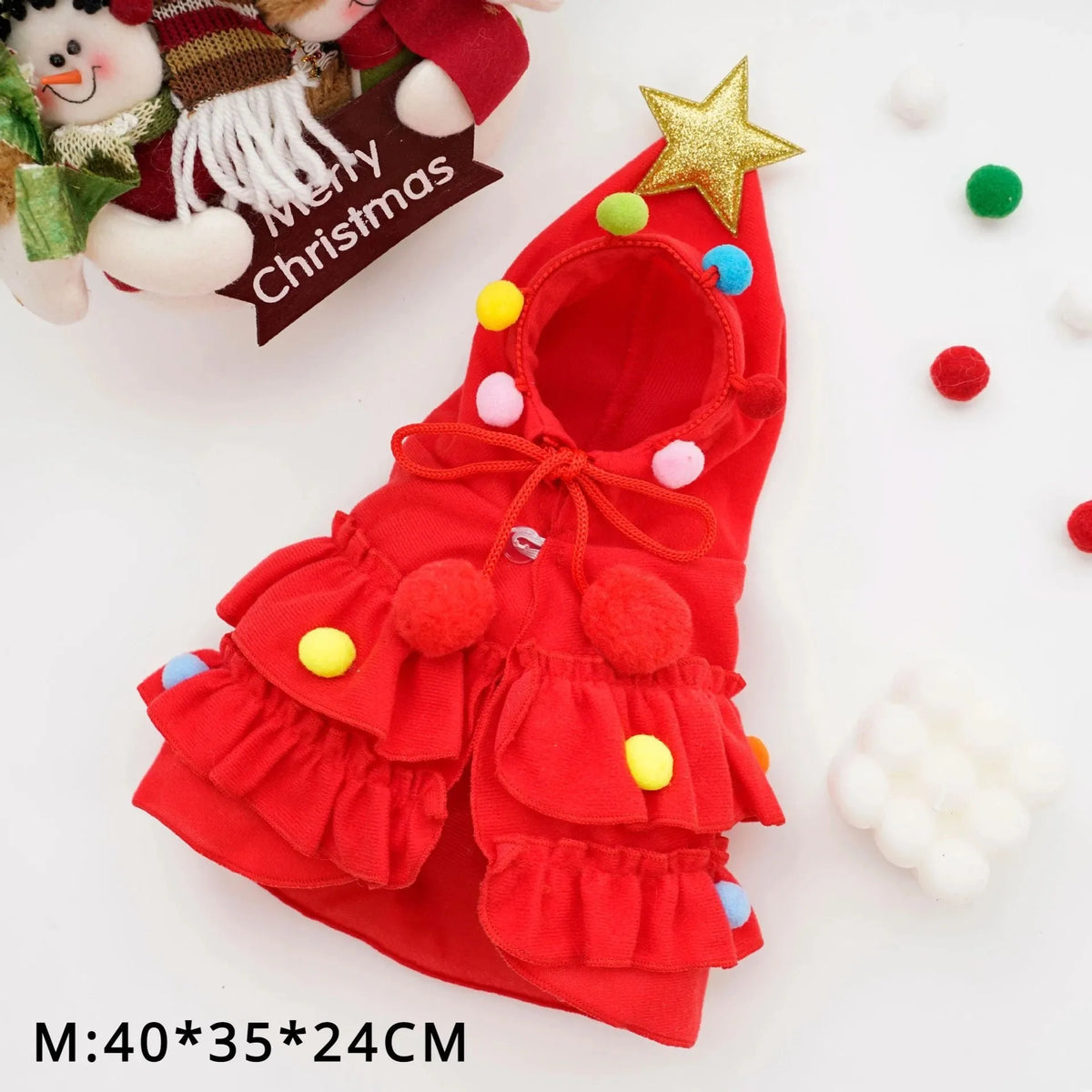 Green and red Christmas pet cloak dog shawl in sizes S M L with width height and head measurements