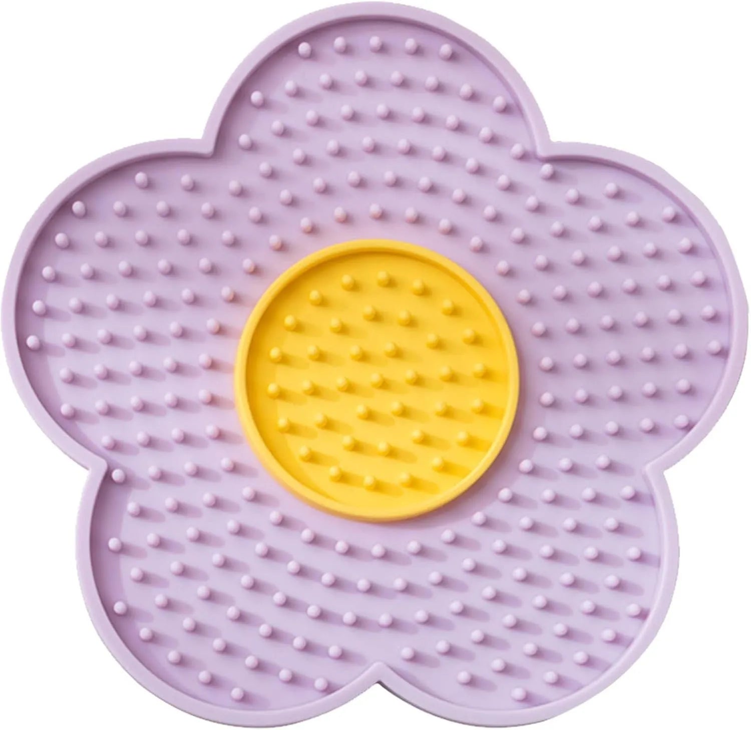 Flower-shaped silicone lick mat for cats and dogs with suction cups on the base, shown in a choice of colours.