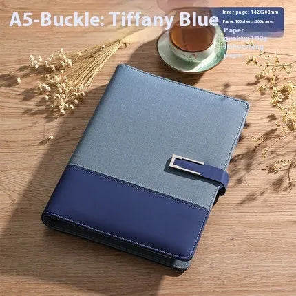 A5 soft leather business notebook in brown, black, green, blue, and red colour options.