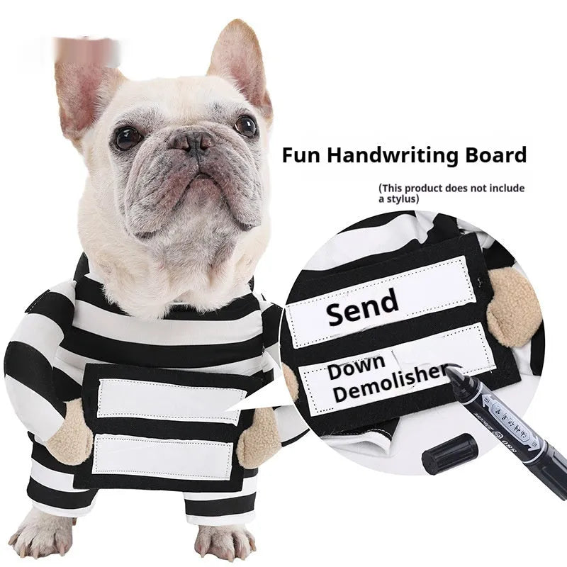 Striped black and white dog Halloween pet costume in polyester, available in sizes S M L XL