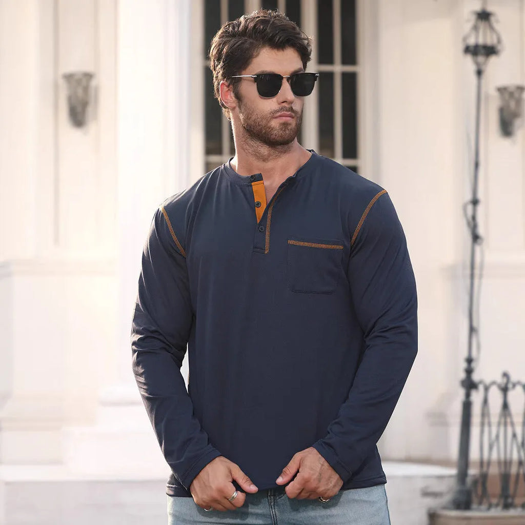 Men's long sleeve stand collar polo shirt sweater, cotton blend, asymmetric hem, shown in six colours.