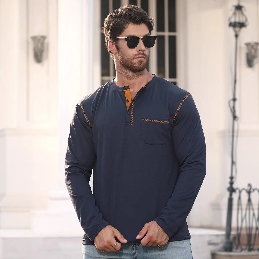 Men's long sleeve stand collar polo shirt sweater, cotton blend, asymmetric hem, shown in six colours.