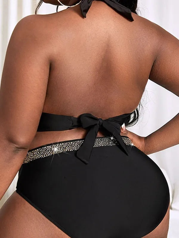 Black plus size women's bikini swimsuit with bra and shorts in polyester fabric