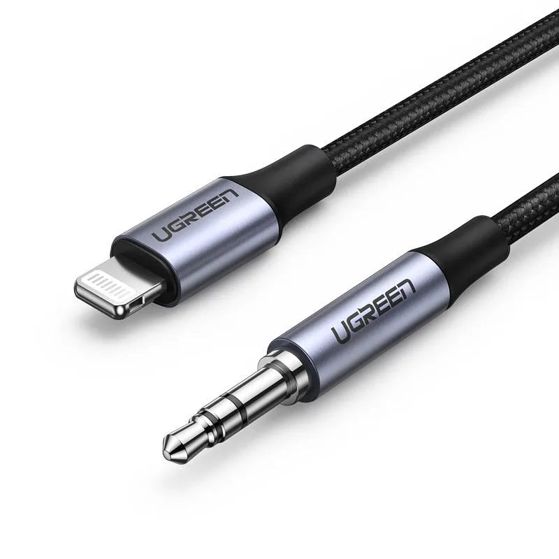 Black Apple Lightning to 3.5mm audio cable with braided TPE body and aluminium alloy connector for car adapter