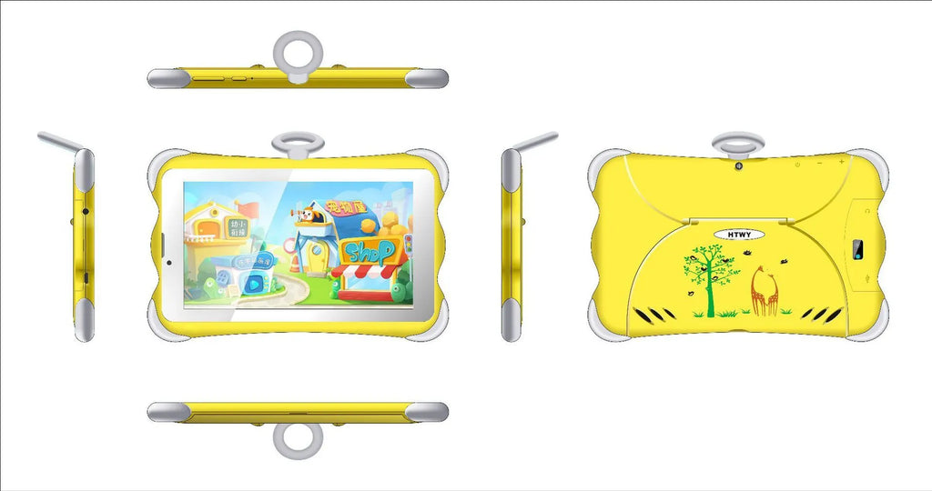 7-inch children's learning tablet in cartoon colours with stand showing 3G calling functionality