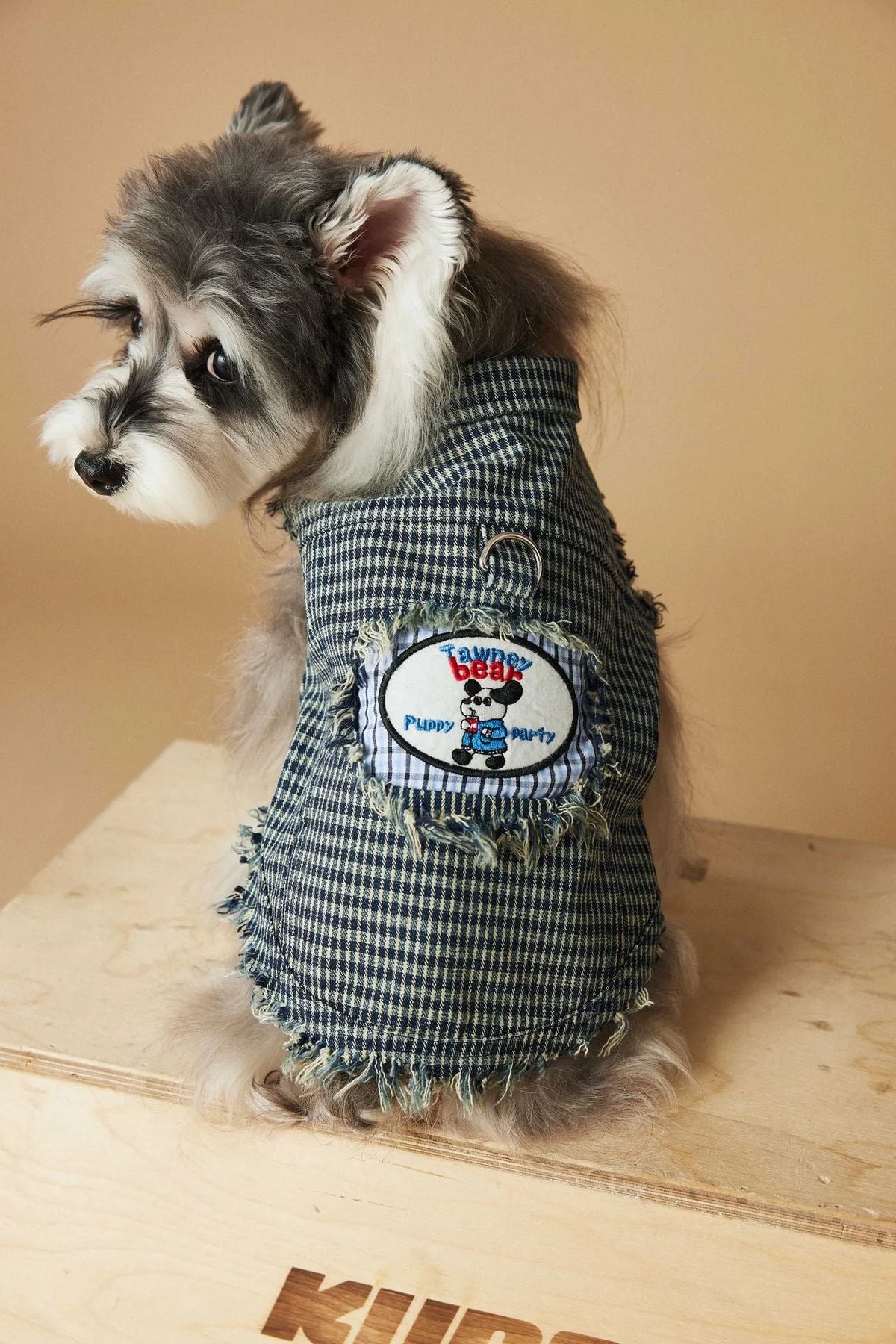 Blue washed old plaid sleeveless denim dog vest in cotton, casual unisex pet clothing, sizes XS to XXL