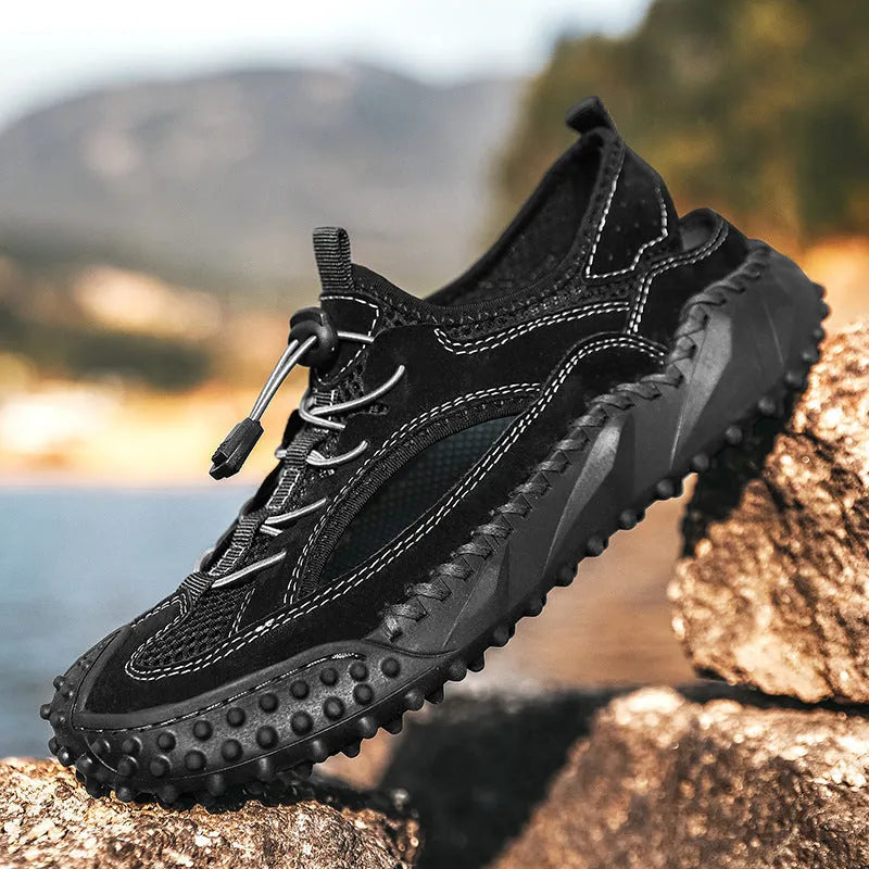 Men's black waterproof sports sandals with leather mesh upper and elastic band closure