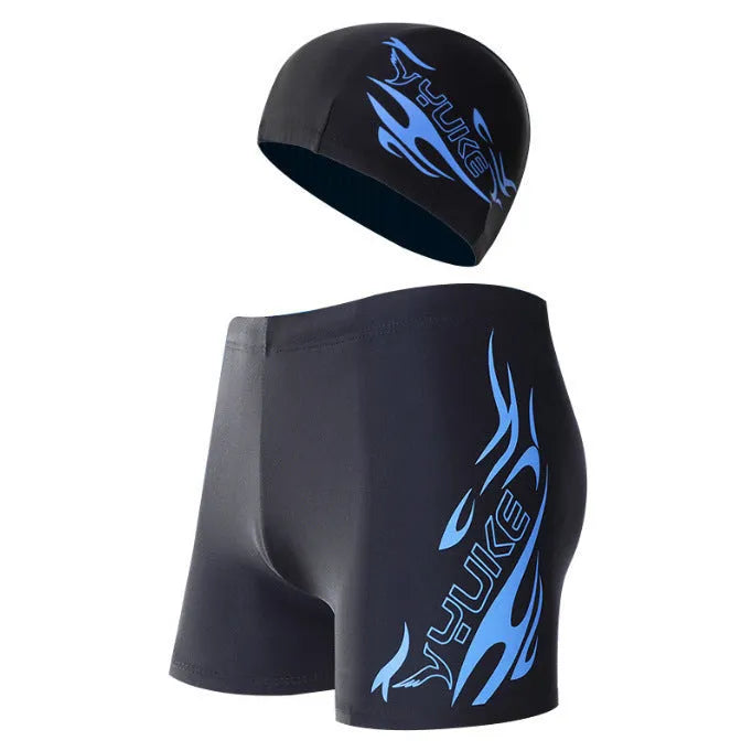 Men's plus size patterned swimming trunks with briefs cut and optional matching swimming cap