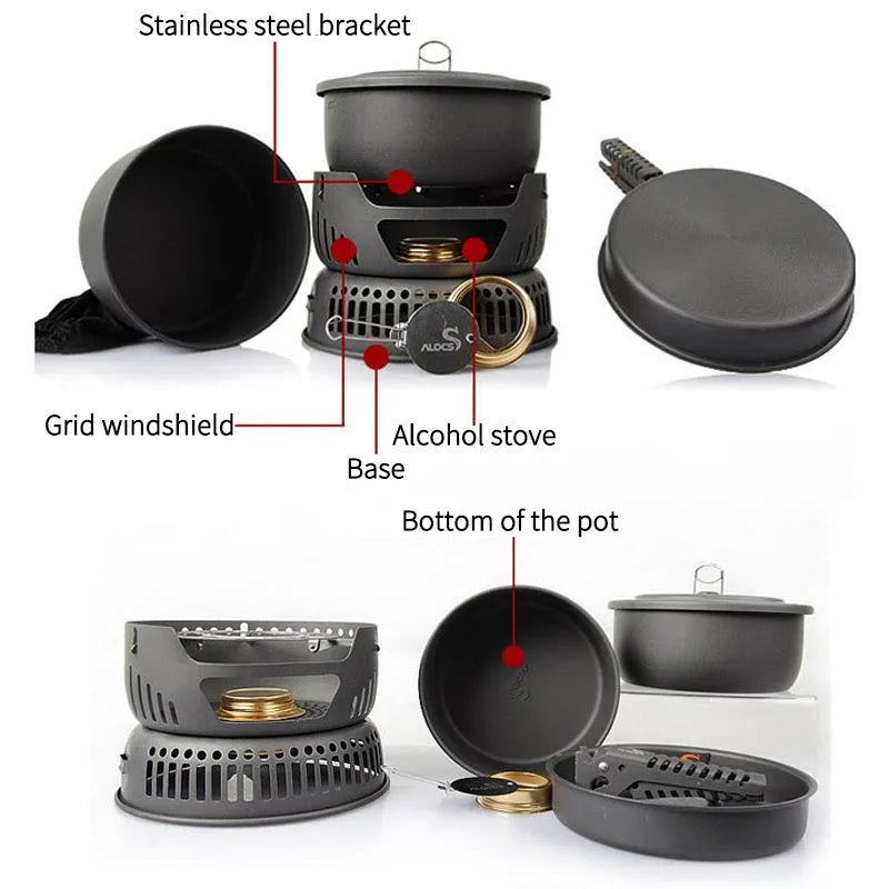 Alocs aluminium camping pot set with foldable handles and nested cooking pots