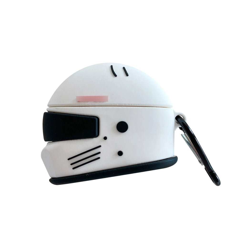 Black silicone AirPods case with motorcycle helmet shape, cartoon geometric design, and carabiner clip