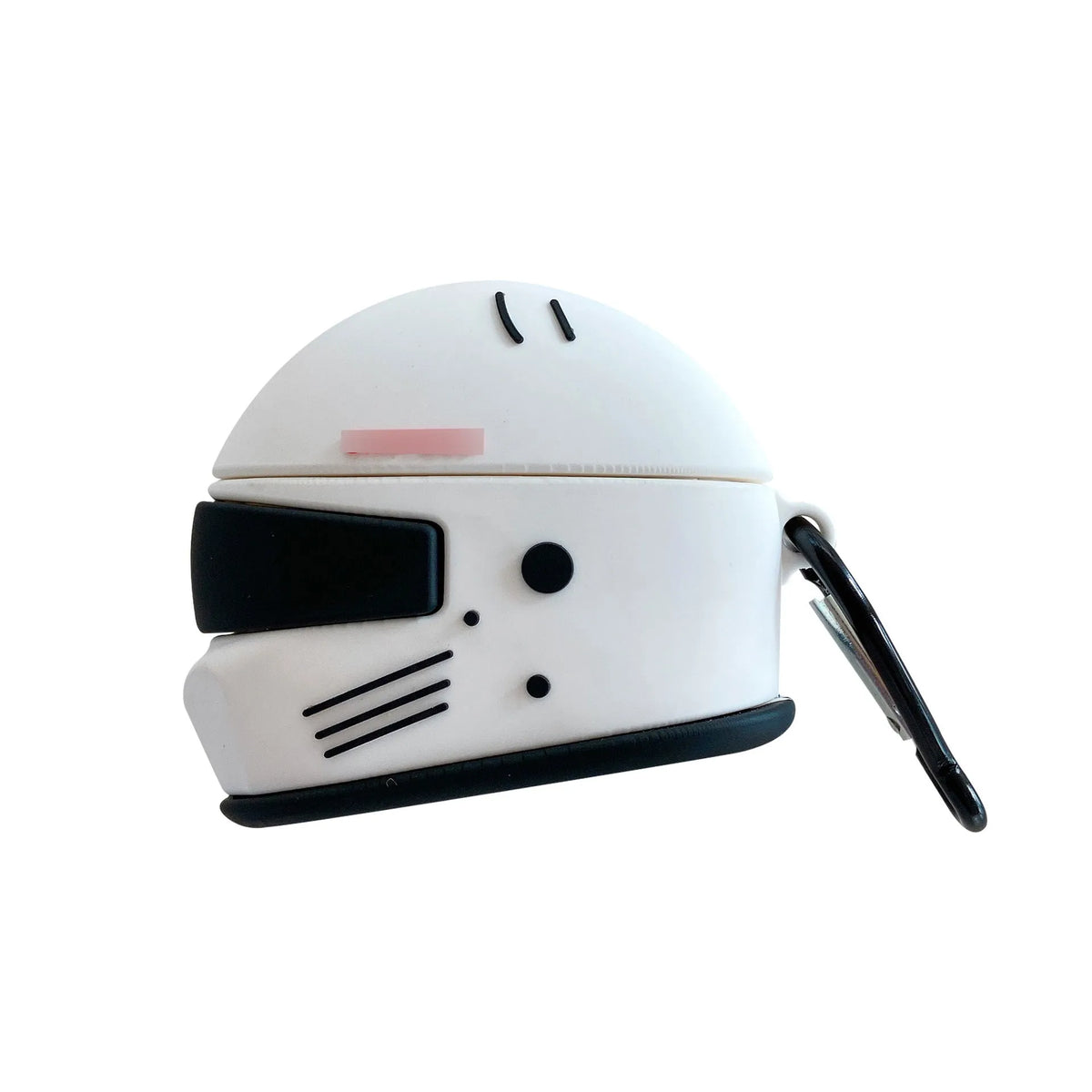 Black silicone AirPods case with motorcycle helmet shape, cartoon geometric design, and carabiner clip