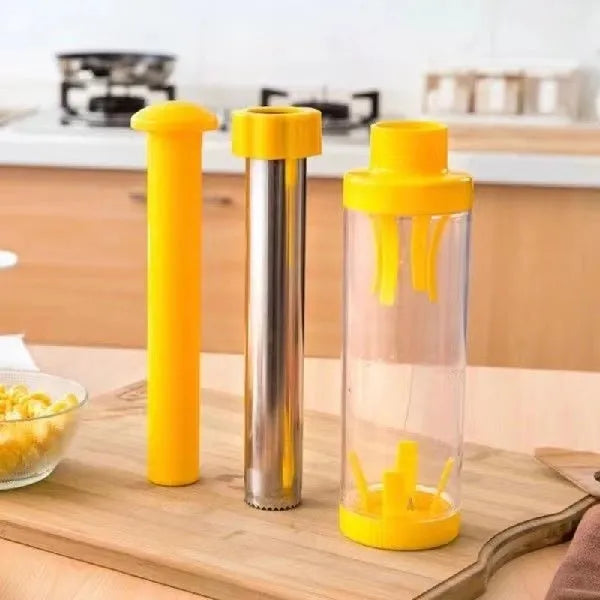 Yellow cylindrical corn stripper tool with stainless steel blades for removing kernels.
