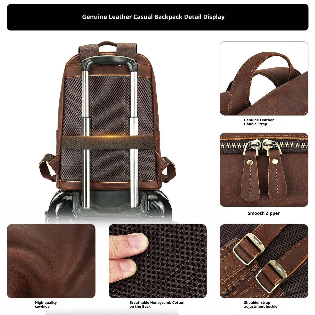 Men's first layer cowhide leather backpack, black or coffee, 30.5x15x39cm, 20-35L, with airpillow straps