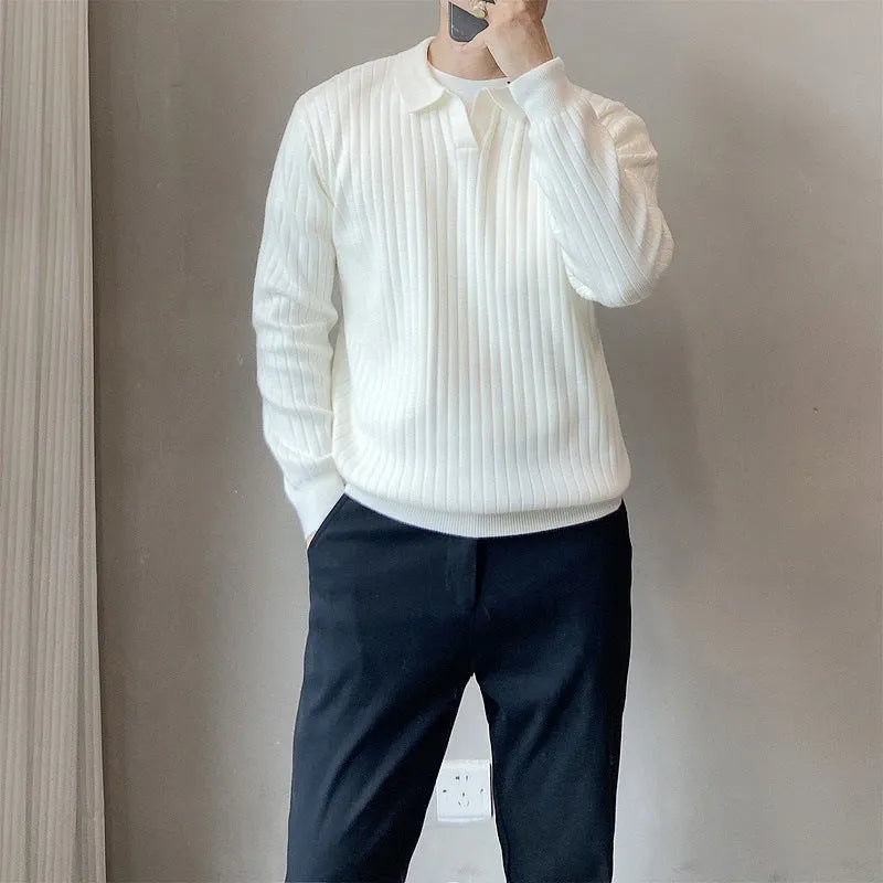 Male model wearing loose fit striped elastic knit sweater in modal and rabbit fur blend fabric