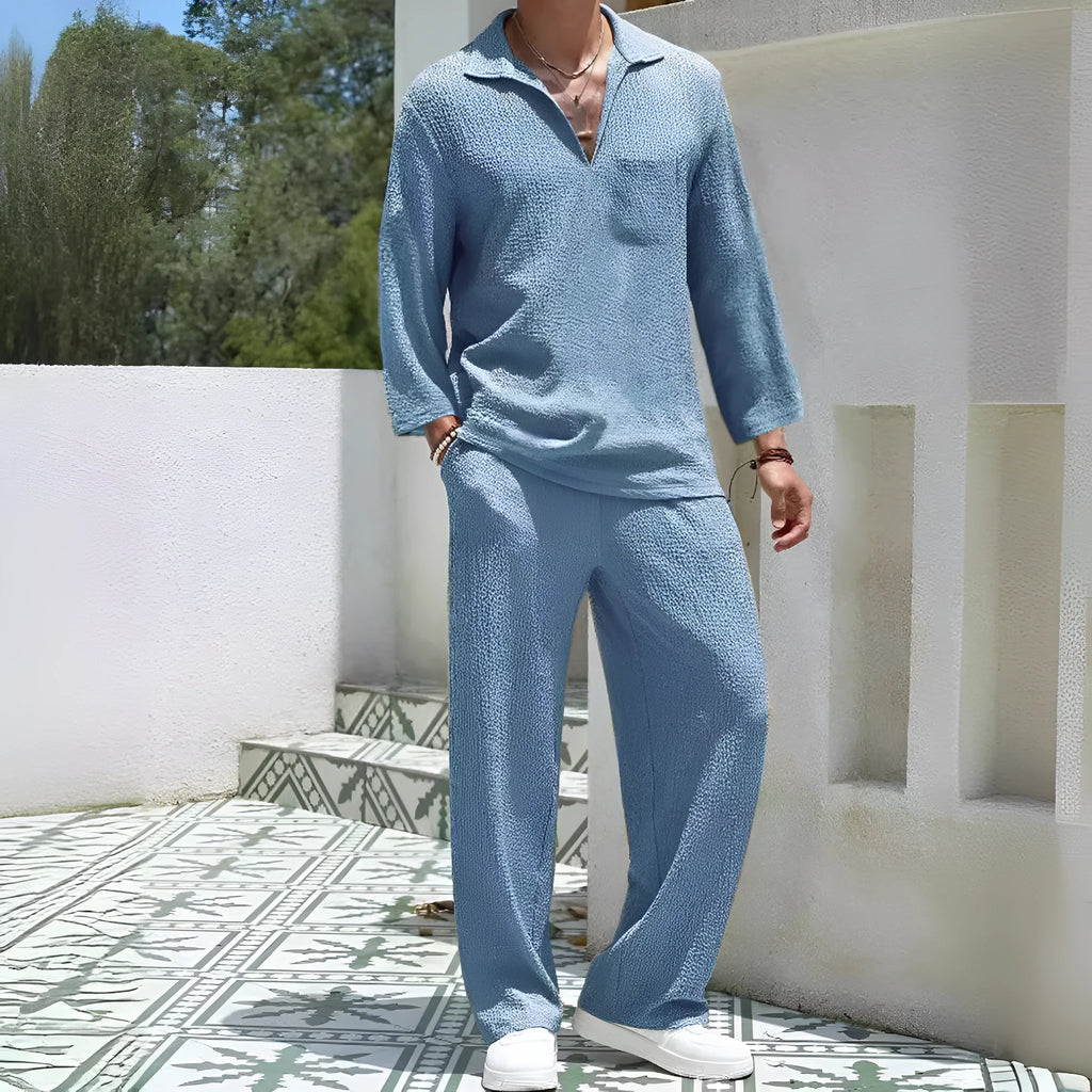Men's casual commuter suit comprising shirt jacket and matching trousers in polyester fabric