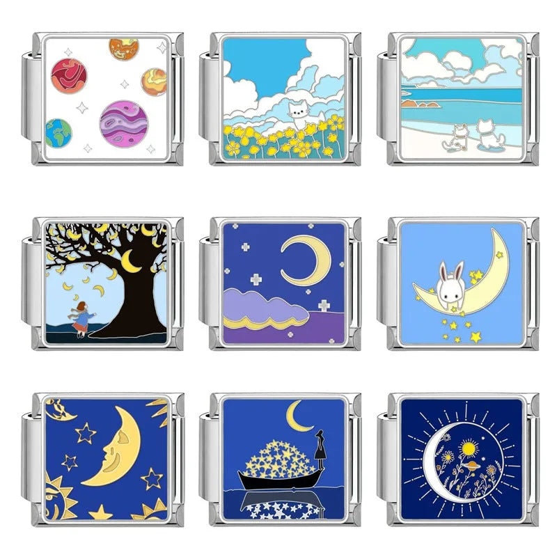 Stainless steel square link charm 1x0.9cm with Totem pattern, dripping oil finish and moon or planet colour option