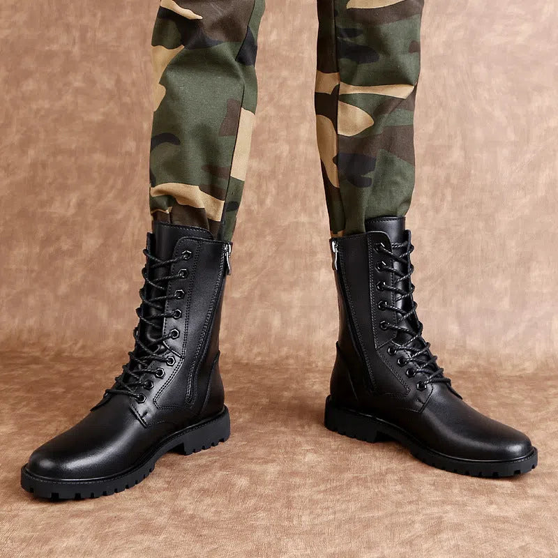 Men's black high top Martin boots with side zip, first layer cowhide upper, rubber sole, round toe, flat heel, sizes 35-52