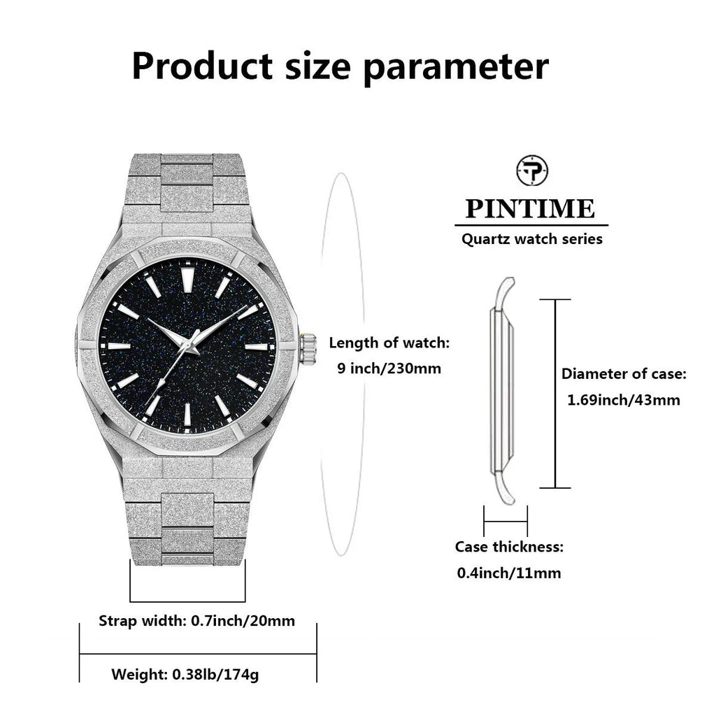Men's stainless steel business watch with frosted case and luminous markers in black, gold and silver options