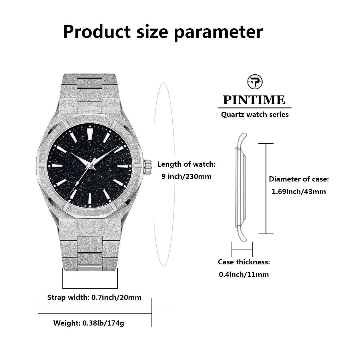Men's stainless steel business watch with frosted case and luminous markers in black, gold and silver options