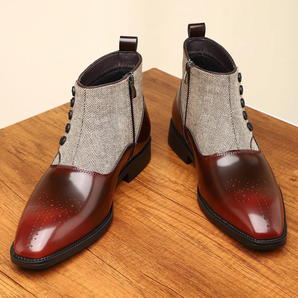 Men's brown and green retro style formal leather shoes with side zipper and square toe.