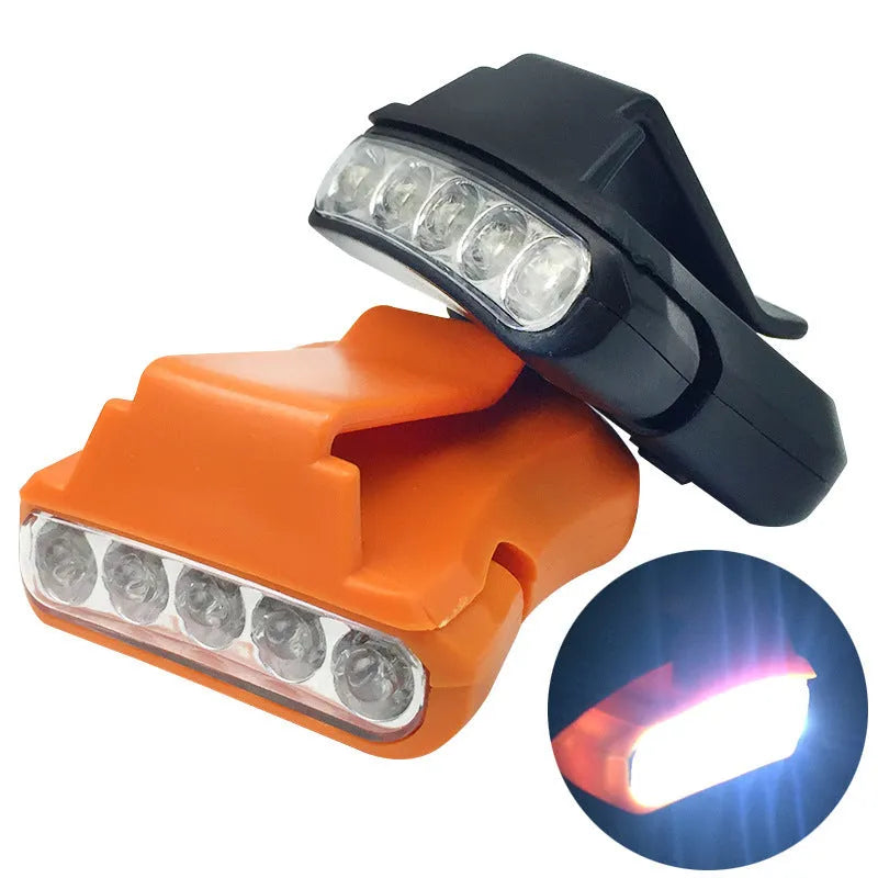 ABS plastic cap lamp with 5LED brim clip in black, 5x4.5cm, used for outdoor camping and hiking