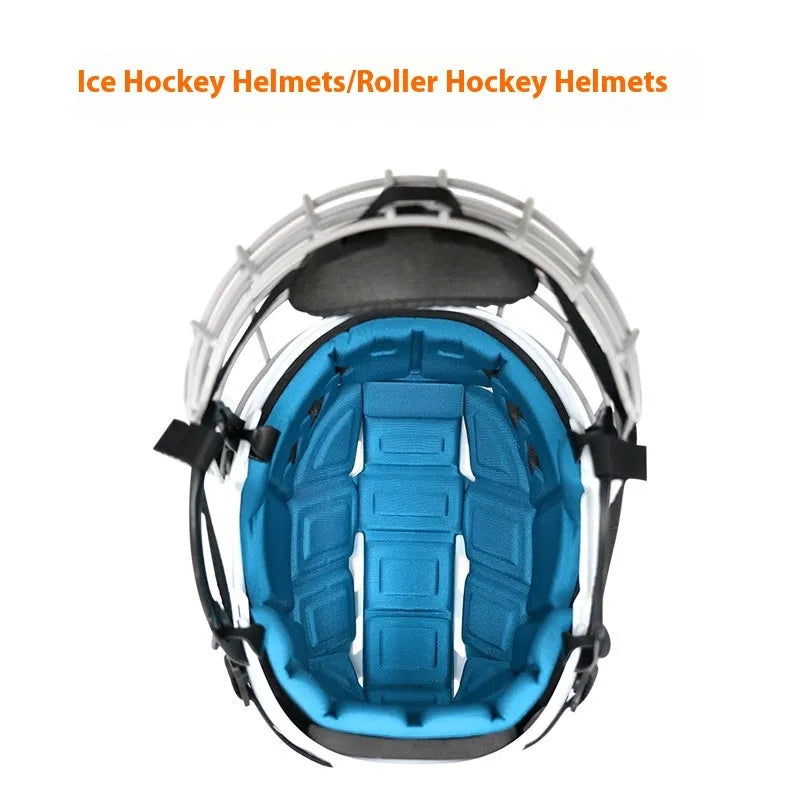 White ice hockey helmet with a black carbon steel face mask and cushioned interior lining.