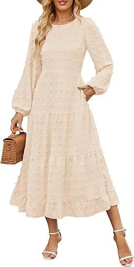 Beige casual long sleeve dress with ruffled sleeves and a high waist on a hanger