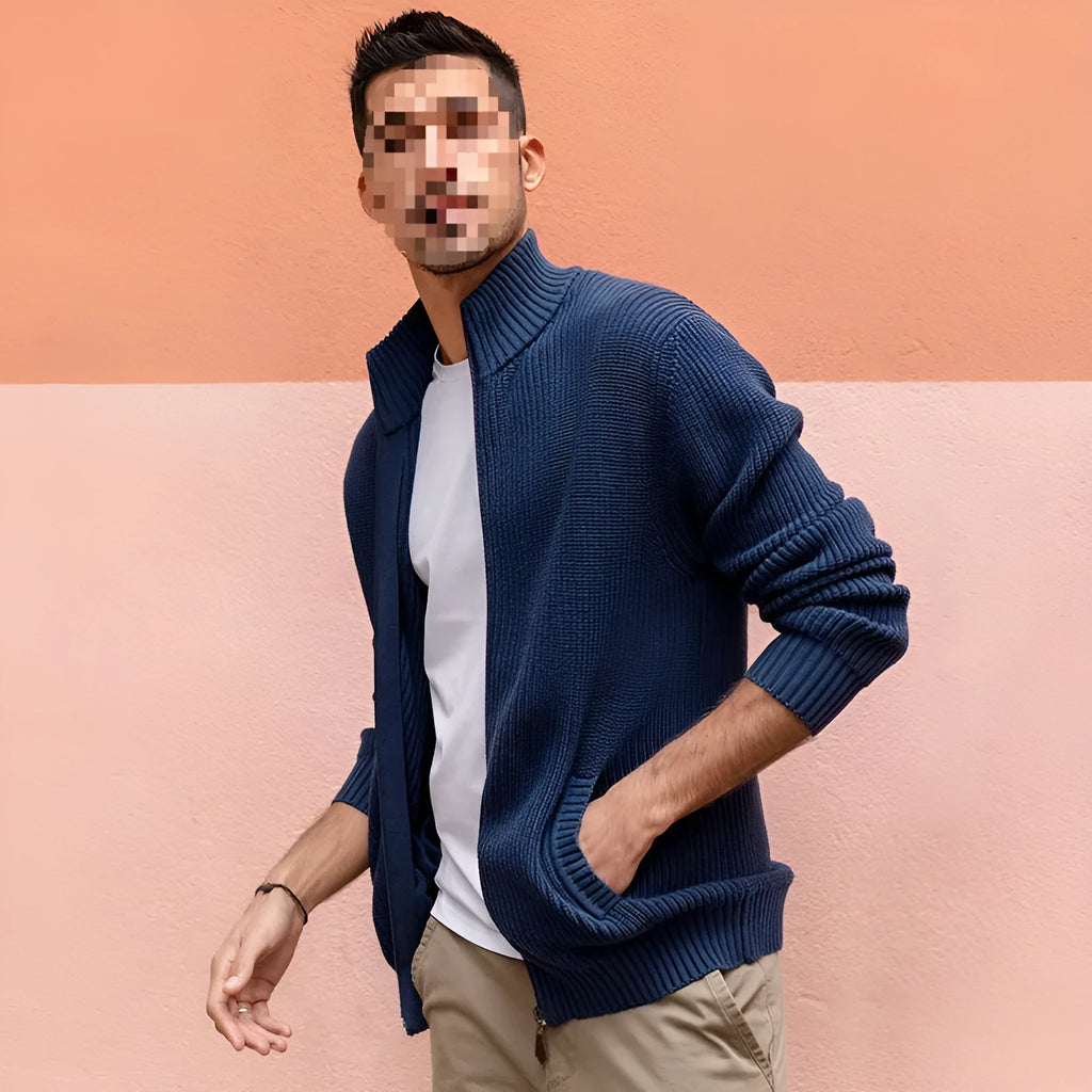 Men's half-high collar cardigan sweater slim jacket in black spandex vinylon with batwing sleeves