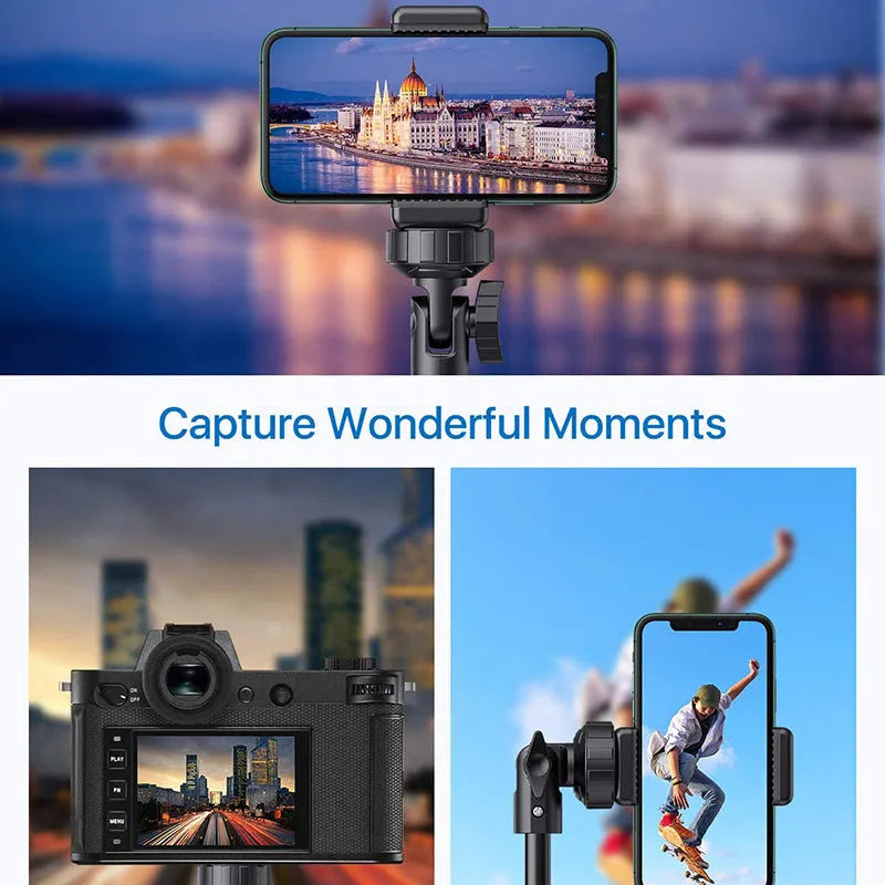 Black aluminium selfie stick tripod extended showing five sections with iPhone mounted