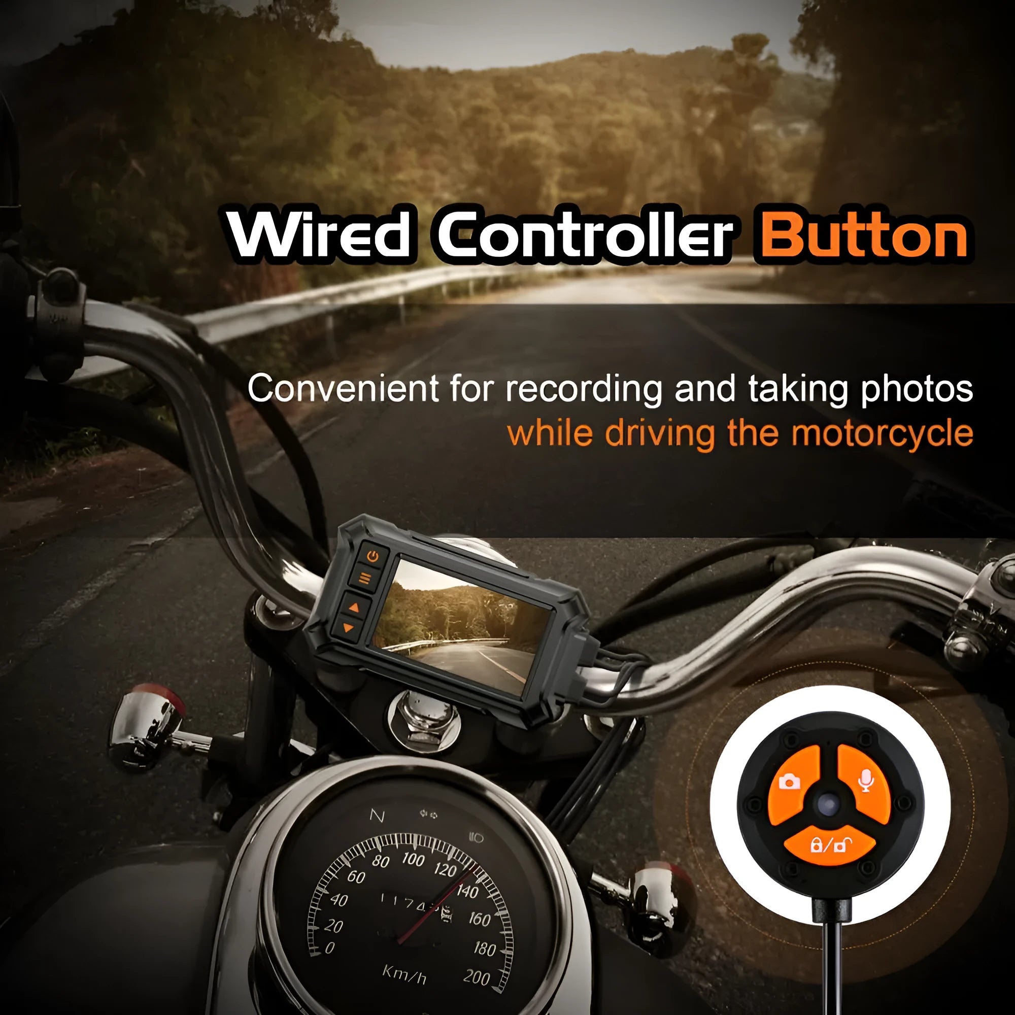 Motorcycle dual lens dashcam recorder with GPS module and mounting accessories on a black background.