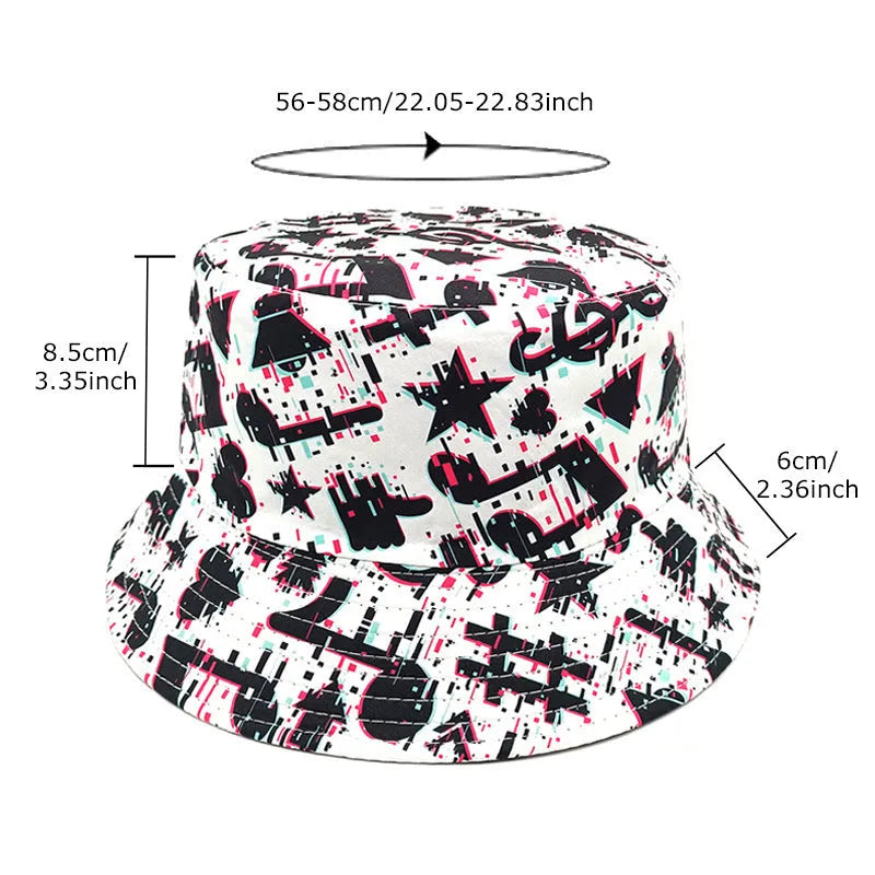 Musical note pattern printed bucket hat with dome crown in polyester fabric measuring 56-58cm